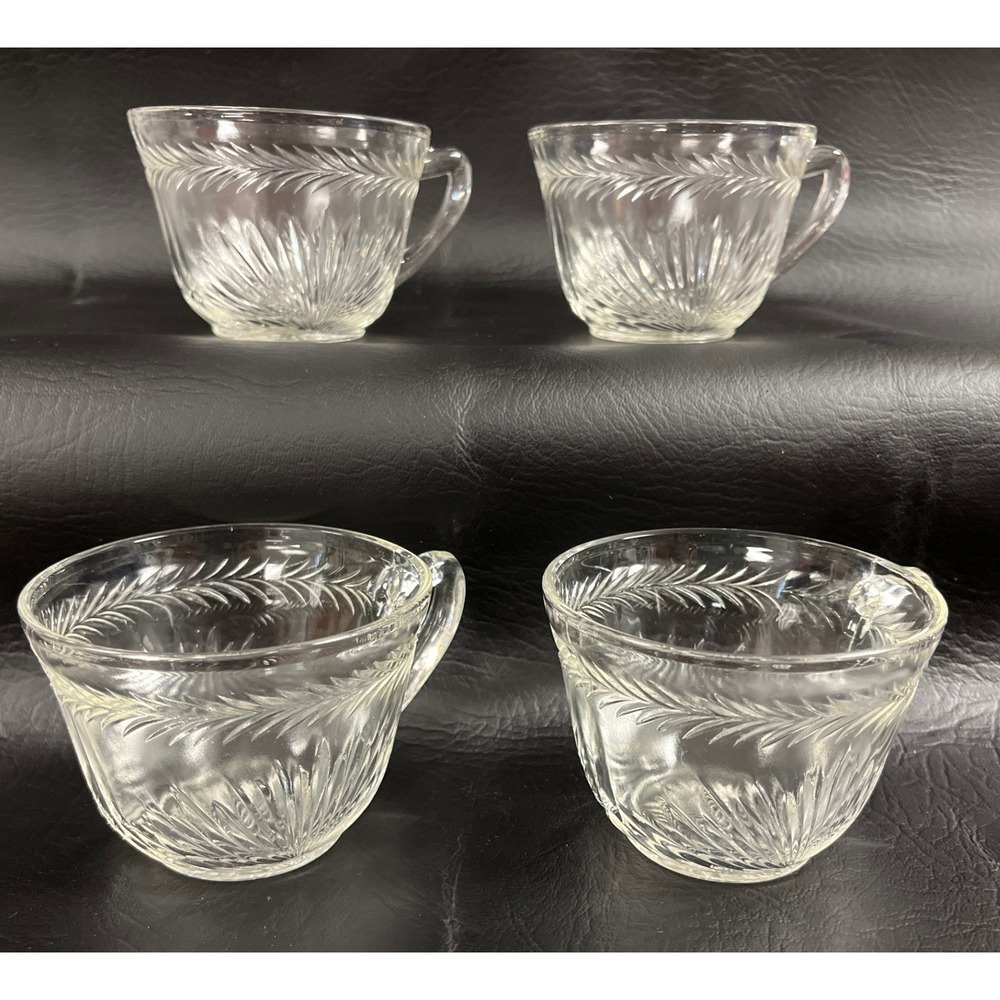 Jeannette Glass 30s Sunburst Herringbone Tea Cups Regency Collectible Set of 4